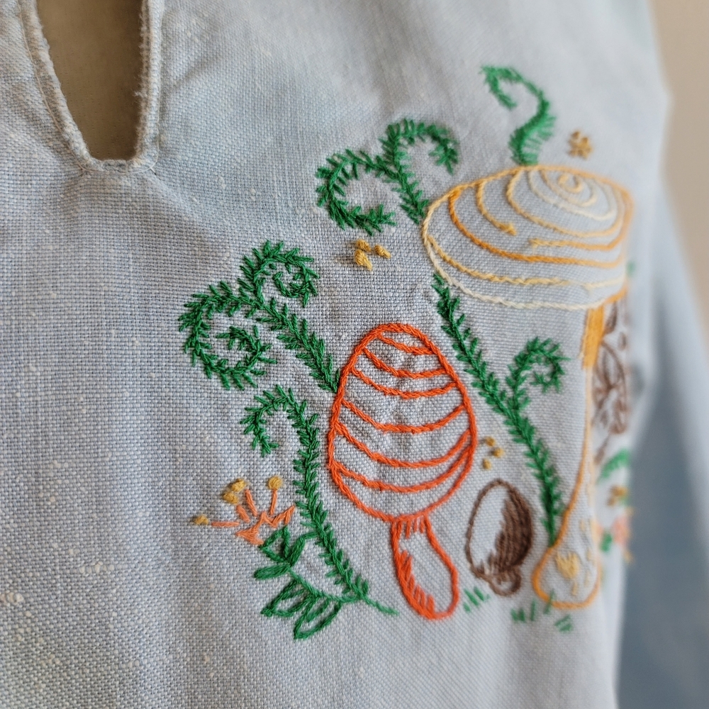 VTG 70s Embroidered Mushroom Denim Caftan Dress - Picture 6 of 16